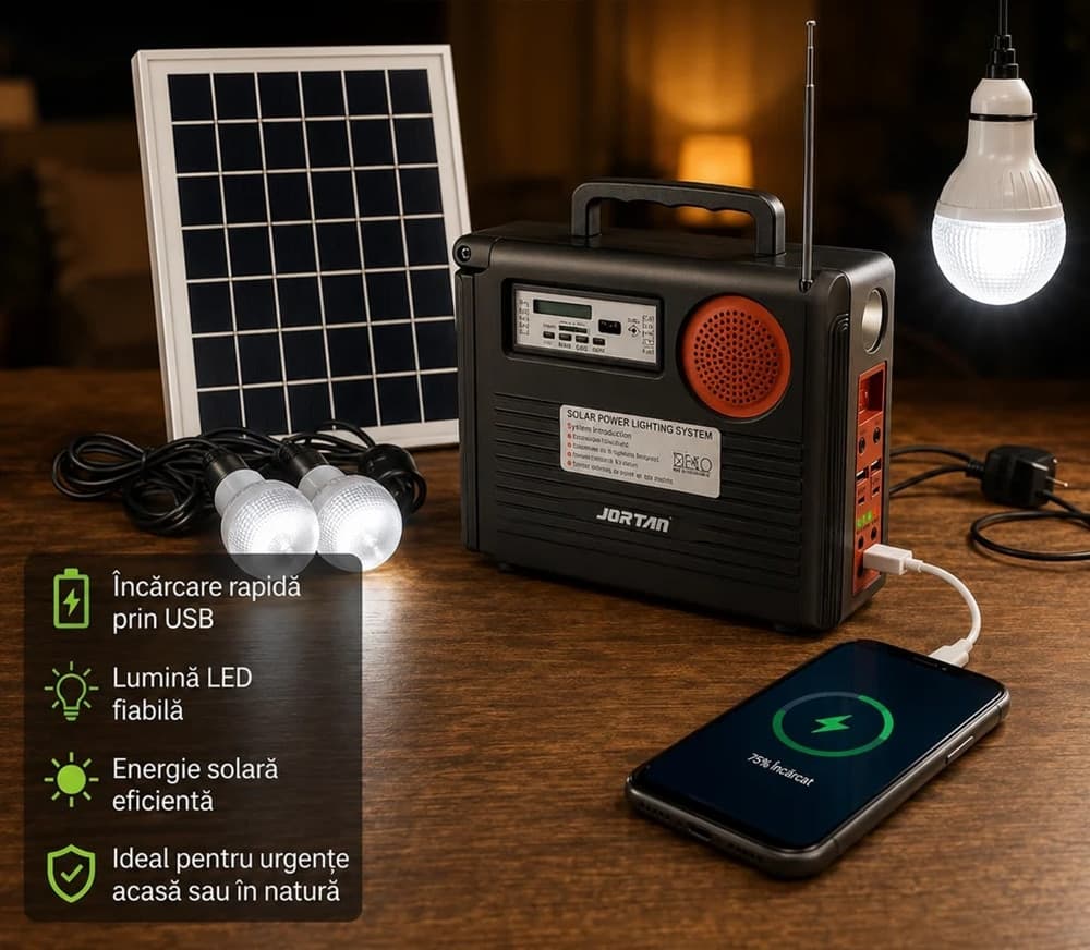 KIT SISTEMA ILLUMINAZIONE PANNELLO SOLARE 3 LAMPADINE ALTOPARLANTE RADIO USB BATTERIA - 4