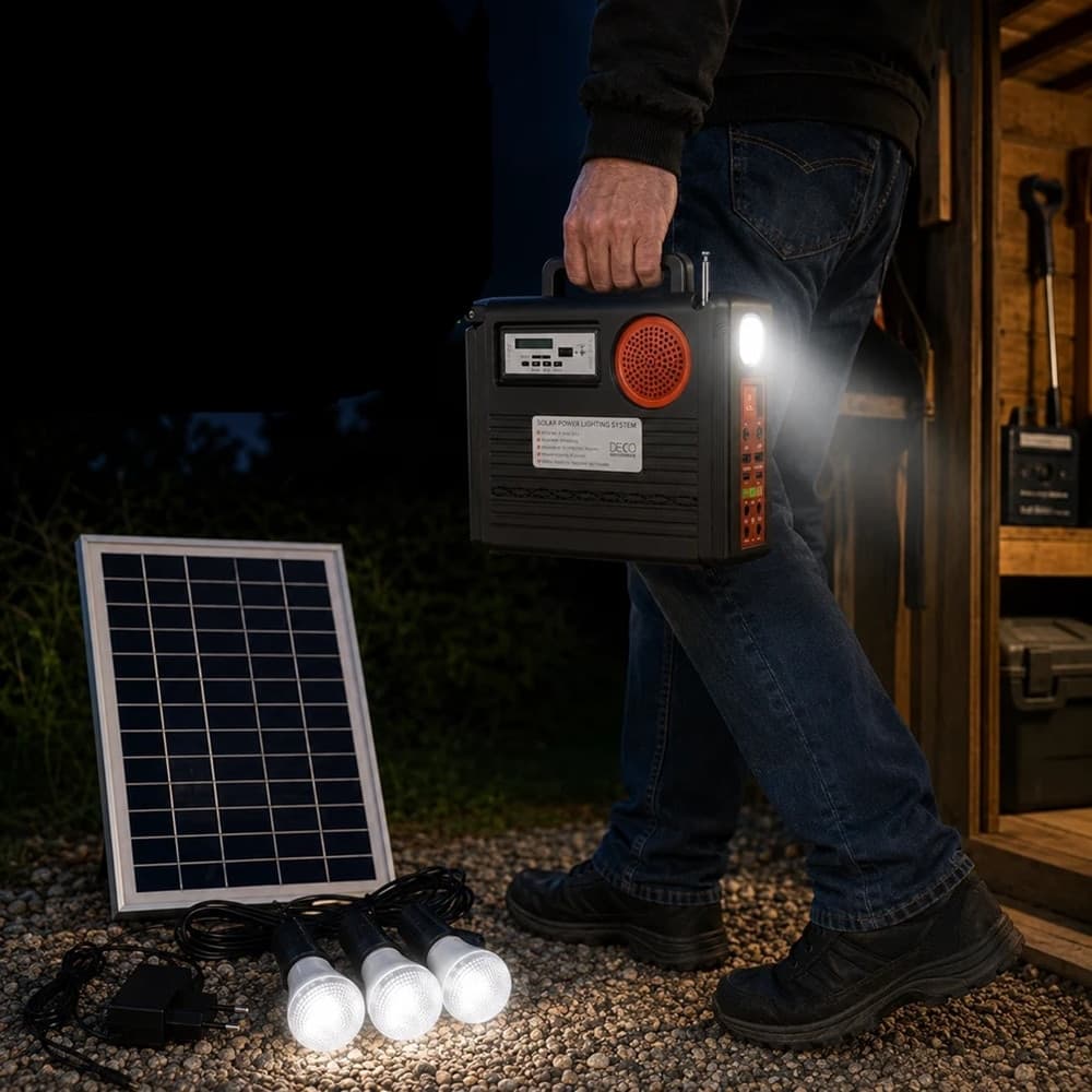 KIT SISTEMA ILLUMINAZIONE PANNELLO SOLARE 3 LAMPADINE ALTOPARLANTE RADIO USB BATTERIA - 5