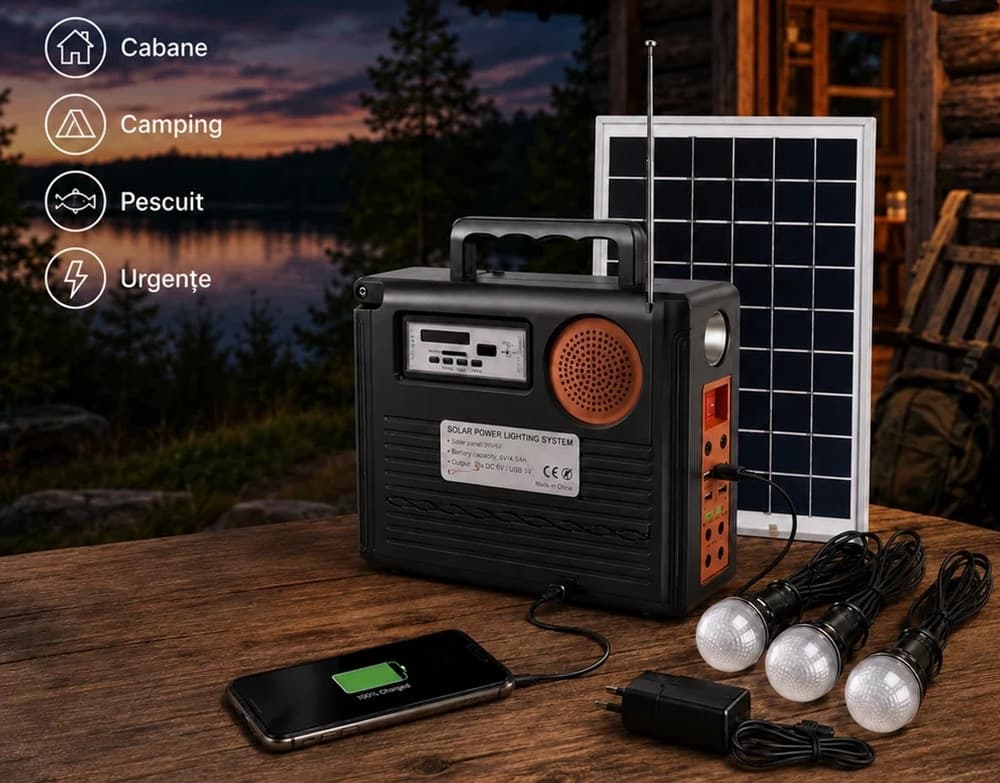KIT SISTEMA ILLUMINAZIONE PANNELLO SOLARE 3 LAMPADINE ALTOPARLANTE RADIO USB BATTERIA - 6