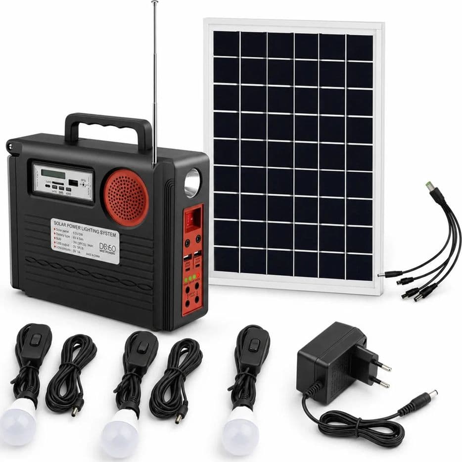 KIT SISTEMA ILLUMINAZIONE PANNELLO SOLARE 3 LAMPADINE ALTOPARLANTE RADIO USB BATTERIA - 9