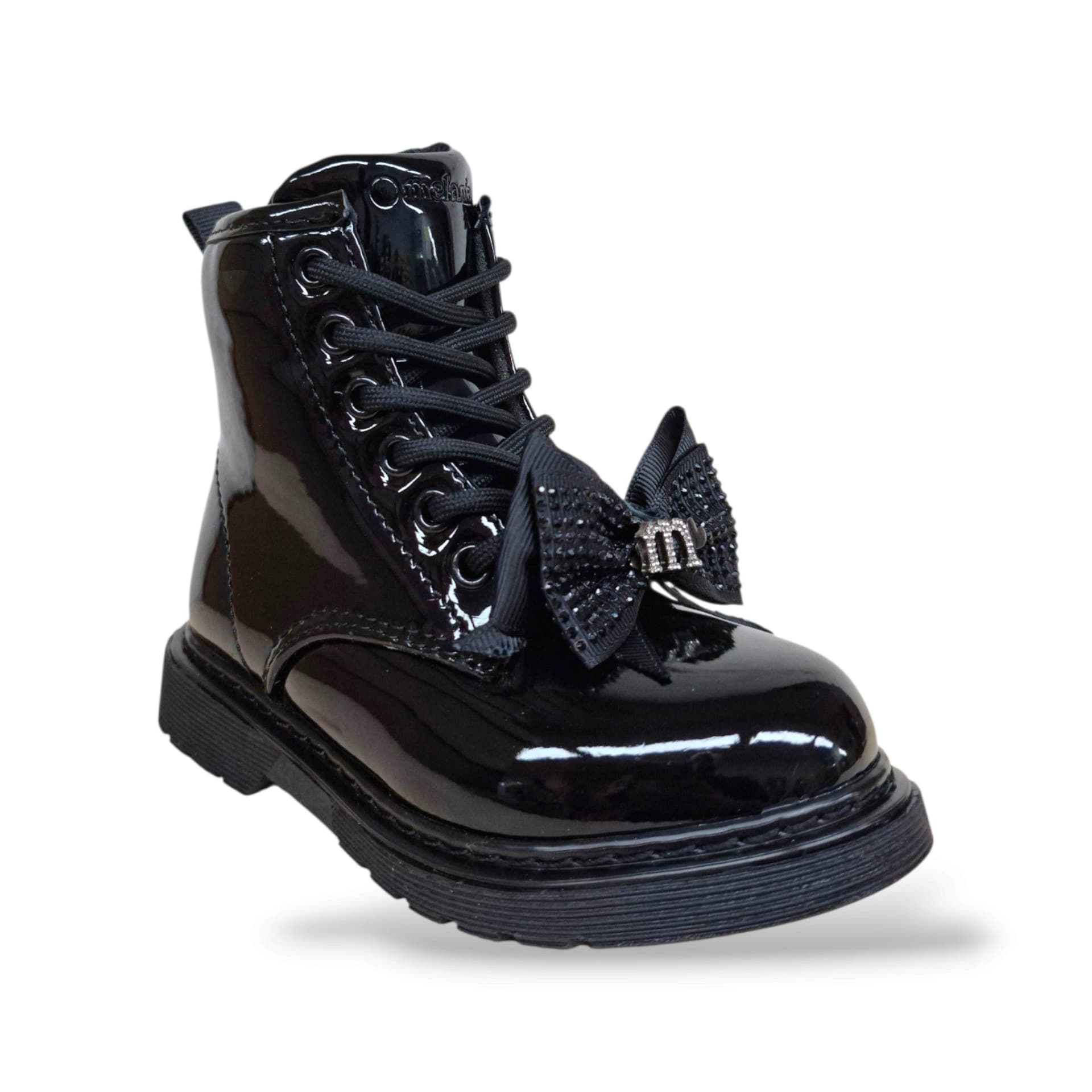 Melania MS65101 Anfibio Bambine Ragazze Nero Vernice | Lucido Fiocco Estraibile Romantico Laccio Zip Laterale Trendy Grintoso Rock Moda Autunno Inverno | Taglie 25-36 | Scarpetteria Gica - 2