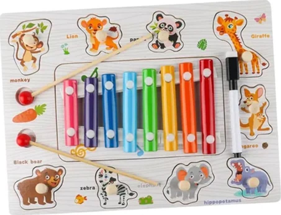 GIOCO PUZZLE A INCASTRO A TEMA ANIMALI EDUCATIVO CON XILOFONO IN LEGNO LAVAGNA 07339