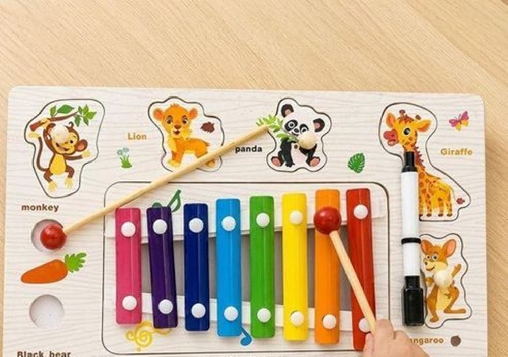 GIOCO PUZZLE A INCASTRO A TEMA ANIMALI EDUCATIVO CON XILOFONO IN LEGNO LAVAGNA 07339 - 3