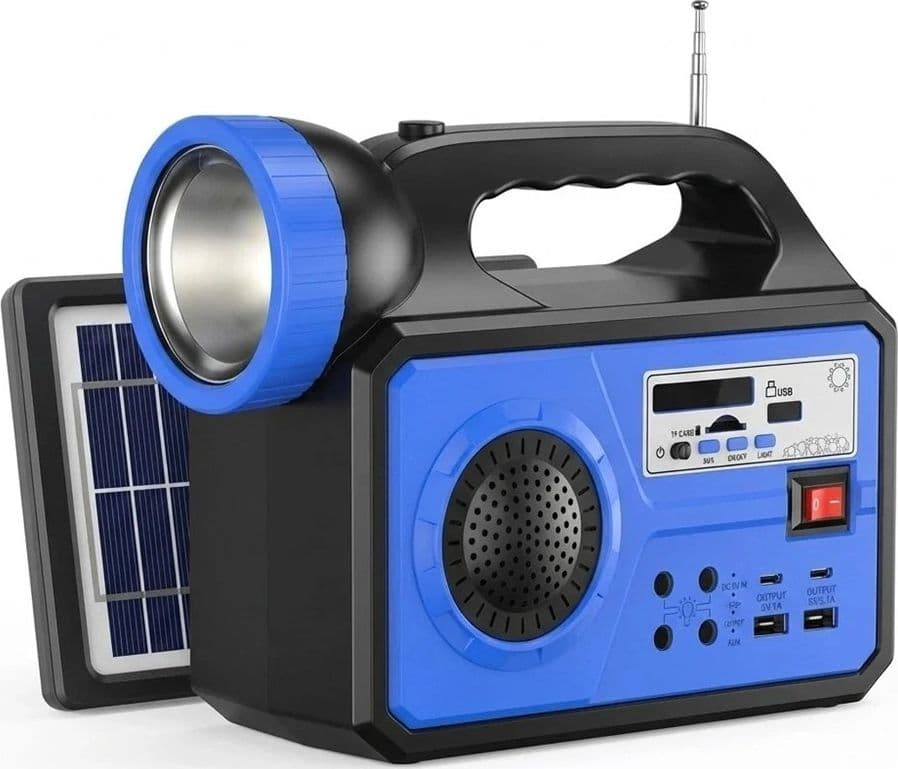 KIT ILLUMINAZIONE PORTATILE PANNELLO SOLARE 3 LAMPADINE LED ALTOPARLANTE RADIO USB BATTERIA - 12