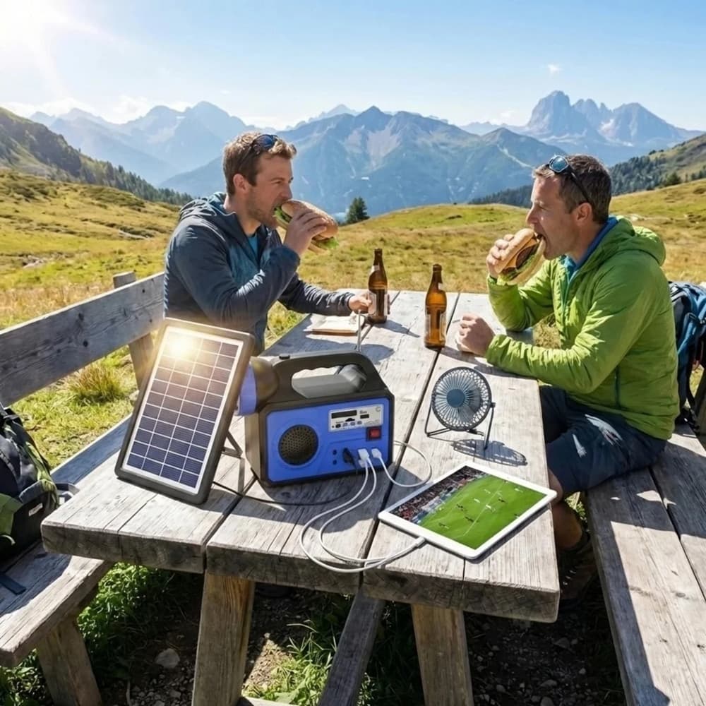 KIT ILLUMINAZIONE PORTATILE PANNELLO SOLARE 3 LAMPADINE LED ALTOPARLANTE RADIO USB BATTERIA - 13