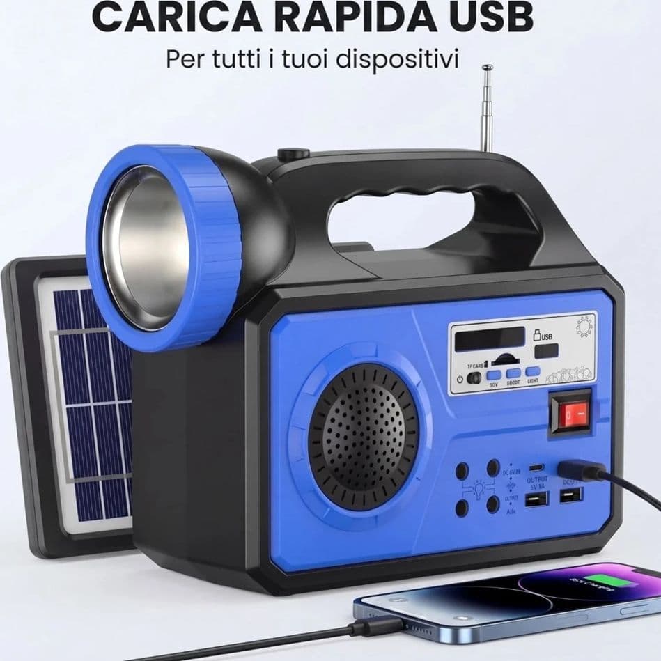 KIT ILLUMINAZIONE PORTATILE PANNELLO SOLARE 3 LAMPADINE LED ALTOPARLANTE RADIO USB BATTERIA - 14