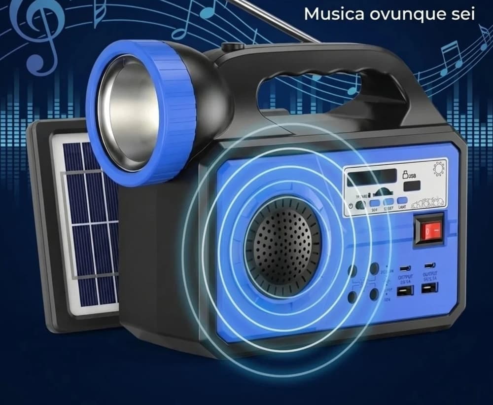 KIT ILLUMINAZIONE PORTATILE PANNELLO SOLARE 3 LAMPADINE LED ALTOPARLANTE RADIO USB BATTERIA - 15