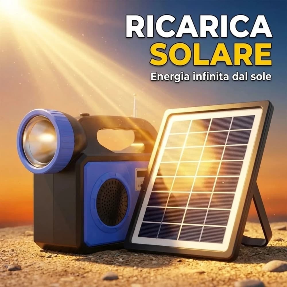 KIT ILLUMINAZIONE PORTATILE PANNELLO SOLARE 3 LAMPADINE LED ALTOPARLANTE RADIO USB BATTERIA - 16