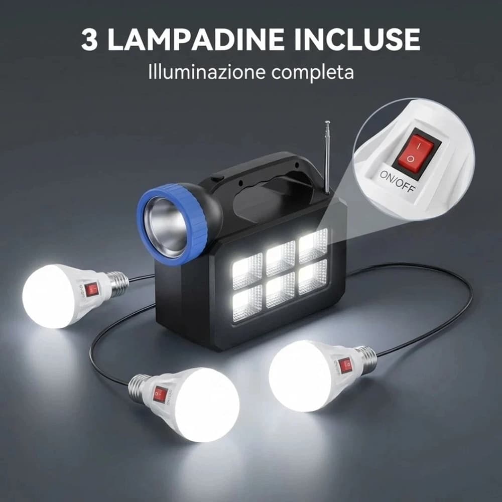 KIT ILLUMINAZIONE PORTATILE PANNELLO SOLARE 3 LAMPADINE LED ALTOPARLANTE RADIO USB BATTERIA - 17