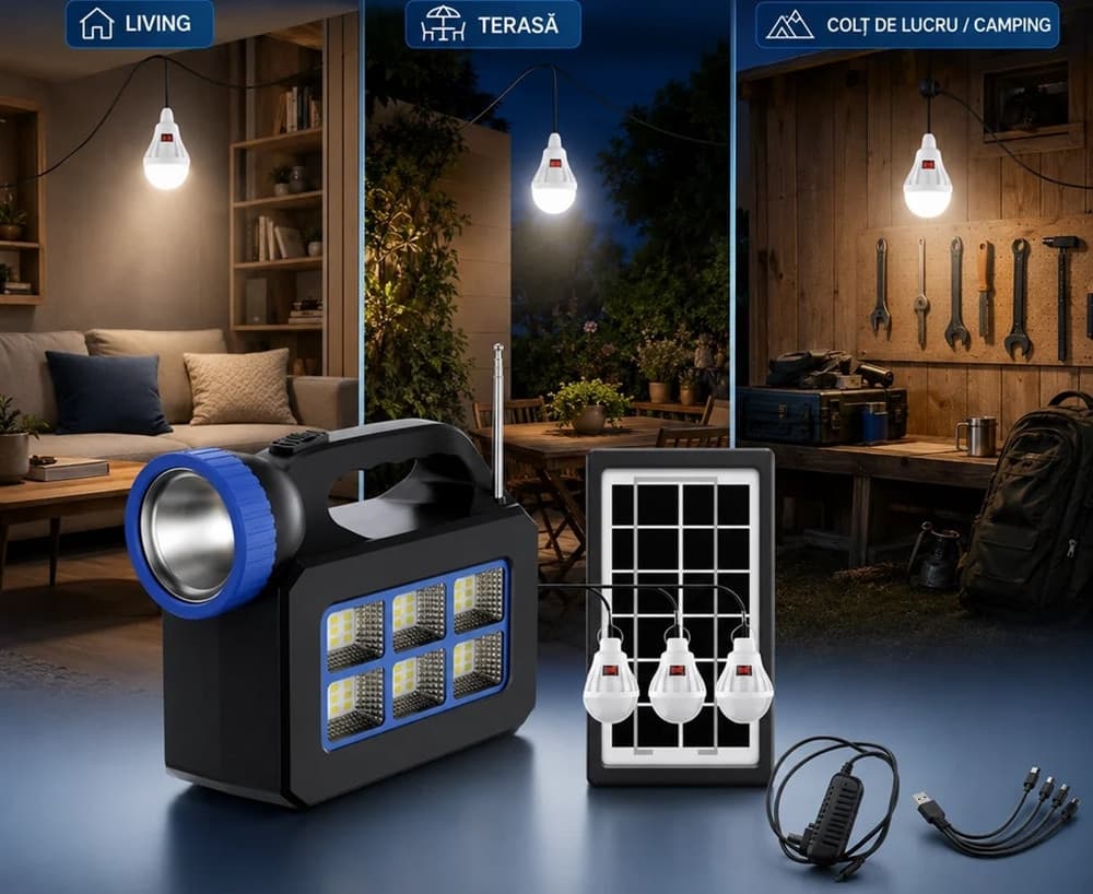 KIT ILLUMINAZIONE PORTATILE PANNELLO SOLARE 3 LAMPADINE LED ALTOPARLANTE RADIO USB BATTERIA - 3
