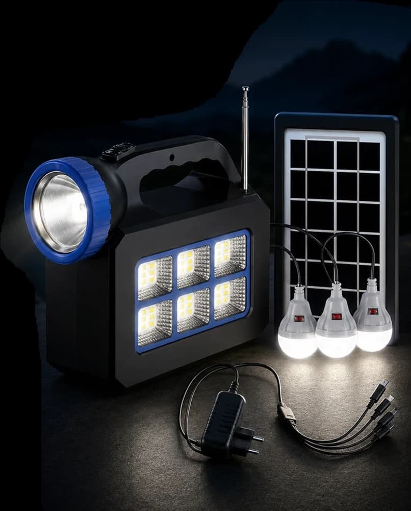 KIT ILLUMINAZIONE PORTATILE PANNELLO SOLARE 3 LAMPADINE LED ALTOPARLANTE RADIO USB BATTERIA - 4