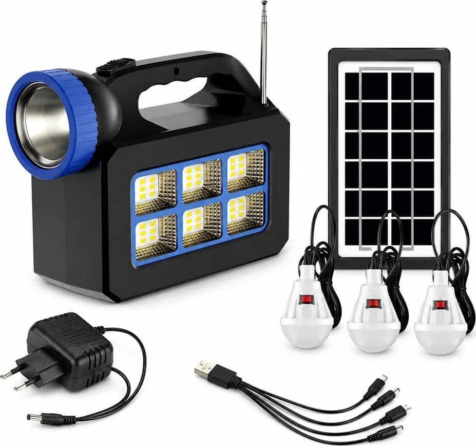 KIT ILLUMINAZIONE PORTATILE PANNELLO SOLARE 3 LAMPADINE LED ALTOPARLANTE RADIO USB BATTERIA - 8