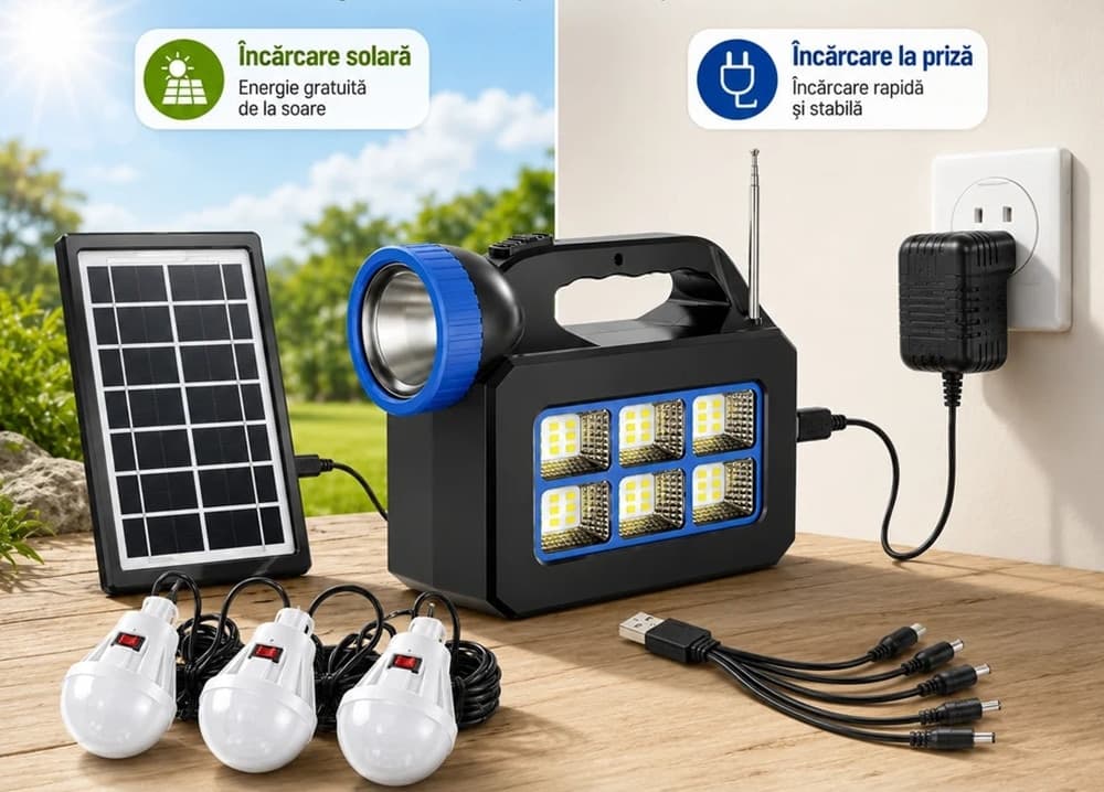 KIT ILLUMINAZIONE PORTATILE PANNELLO SOLARE 3 LAMPADINE LED ALTOPARLANTE RADIO USB BATTERIA - 9