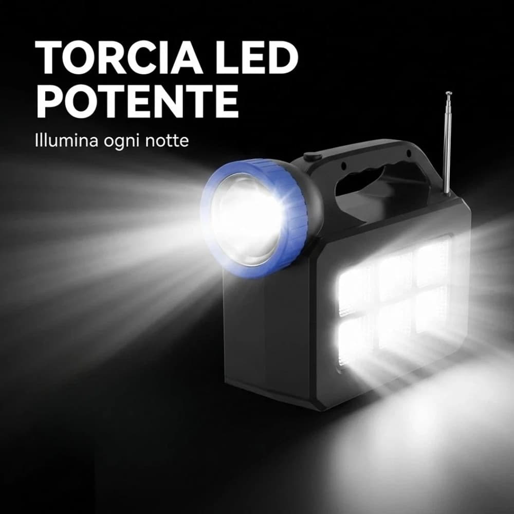 KIT ILLUMINAZIONE PORTATILE PANNELLO SOLARE 3 LAMPADINE LED ALTOPARLANTE RADIO USB BATTERIA - 10