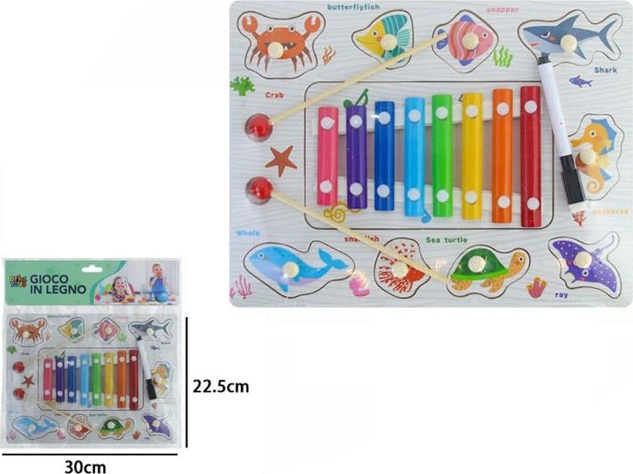 GIOCO PUZZLE A INCASTRO A TEMA MARINO EDUCATIVO CON XILOFONO IN LEGNO LAVAGNA 07340 - 2