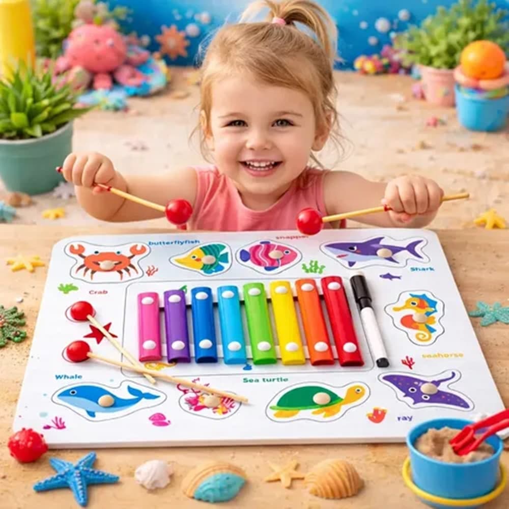 GIOCO PUZZLE A INCASTRO A TEMA MARINO EDUCATIVO CON XILOFONO IN LEGNO LAVAGNA 07340 - 3