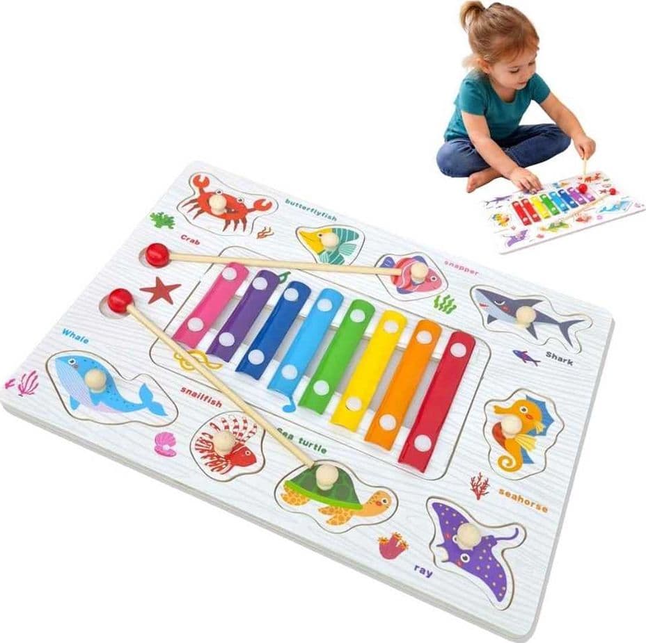GIOCO PUZZLE A INCASTRO A TEMA MARINO EDUCATIVO CON XILOFONO IN LEGNO LAVAGNA 07340 - 4