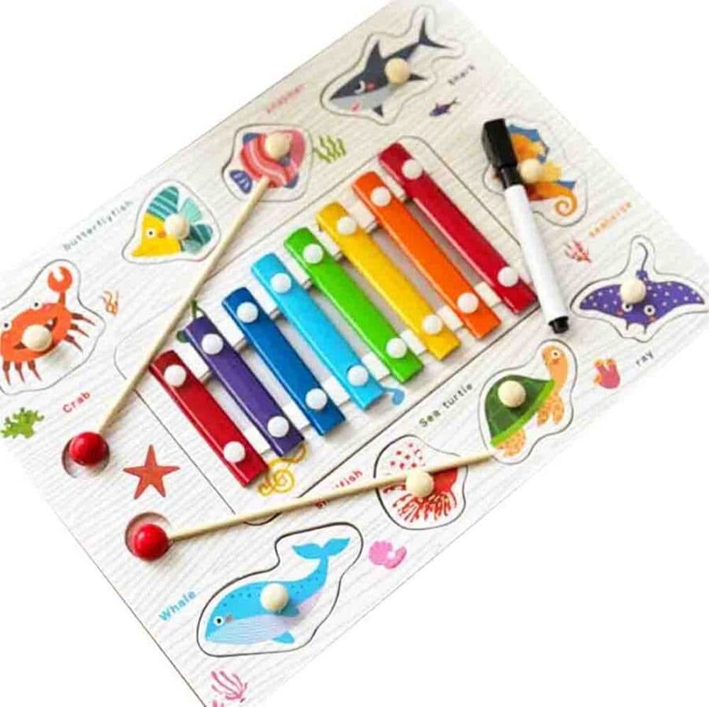 GIOCO PUZZLE A INCASTRO A TEMA MARINO EDUCATIVO CON XILOFONO IN LEGNO LAVAGNA 07340 - 5