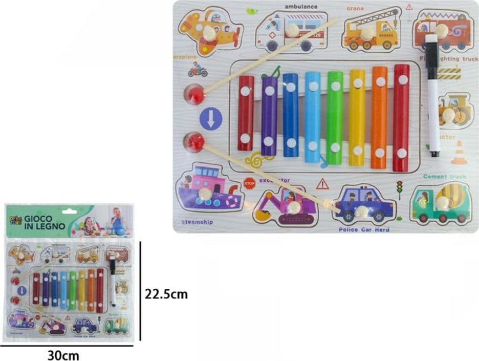 GIOCO PUZZLE A INCASTRO A TEMA TRASPORTI EDUCATIVO CON XILOFONO IN LEGNO LAVAGNA 07341 - 2