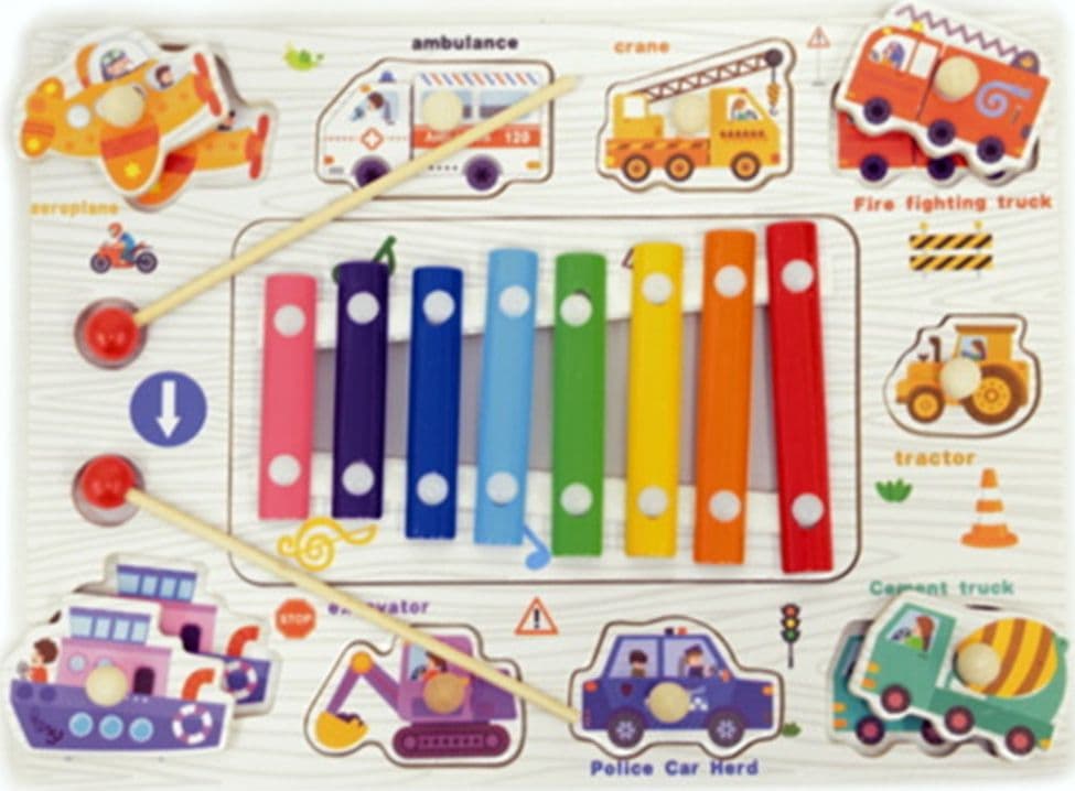 GIOCO PUZZLE A INCASTRO A TEMA TRASPORTI EDUCATIVO CON XILOFONO IN LEGNO LAVAGNA 07341 - 3