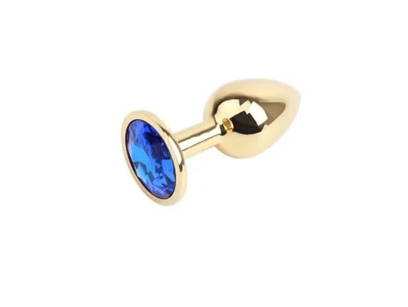 Plug anale piccolo metallo dorato base gioiello blu sex toy 7,1 cm - 2