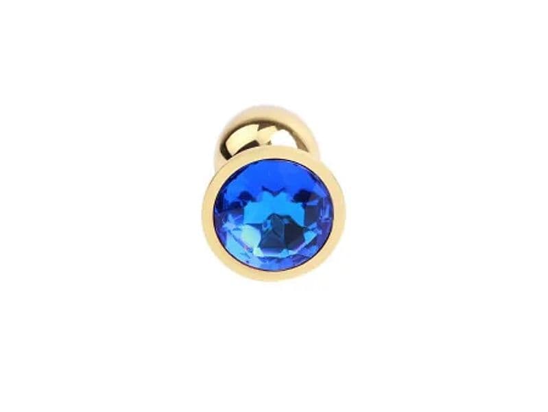 Plug anale piccolo metallo dorato base gioiello blu sex toy 7,1 cm - 4