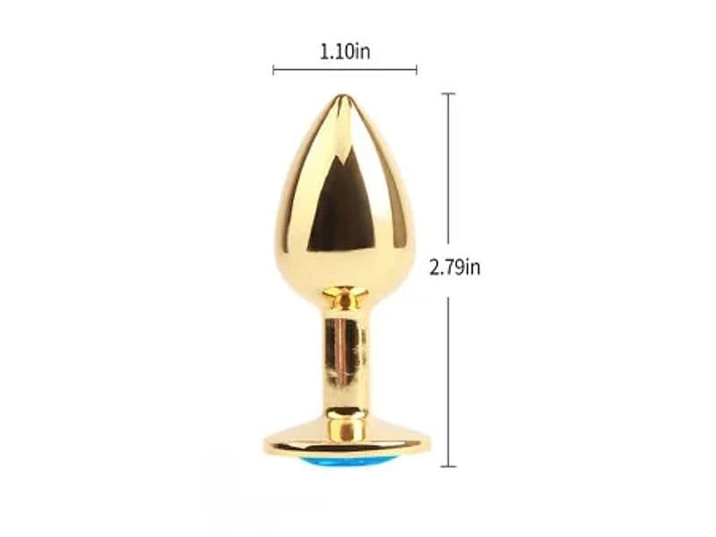 Plug anale piccolo metallo dorato base gioiello blu sex toy 7,1 cm - 6