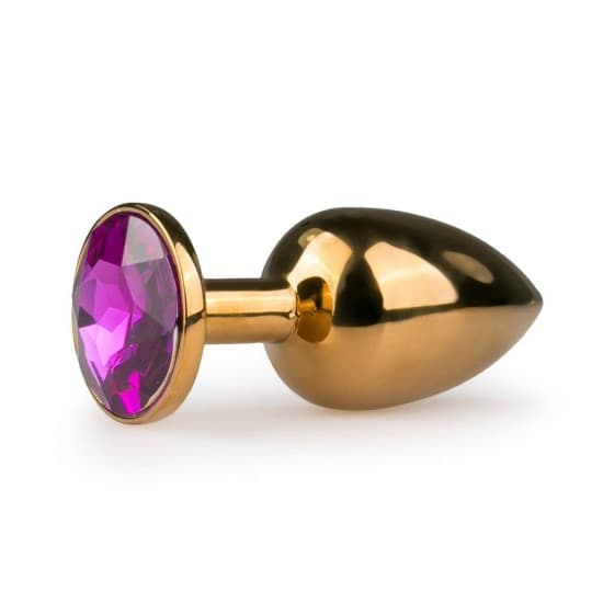 Plug anale metallo dorato gemma viola 7,2 cm base larga sex toy - 2