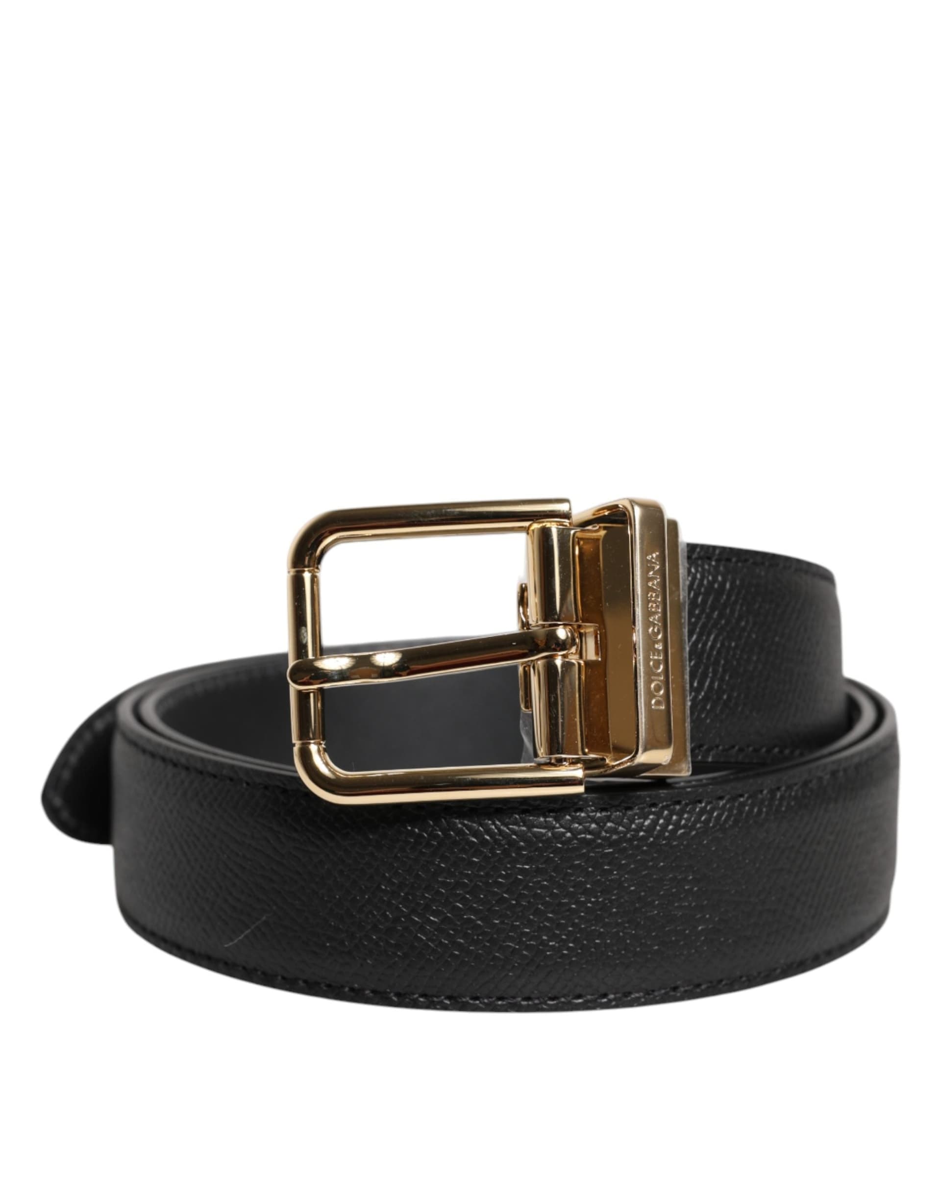 Dolce & Gabbana Black Grained Leather Gold Metal Buckle Belt - 2