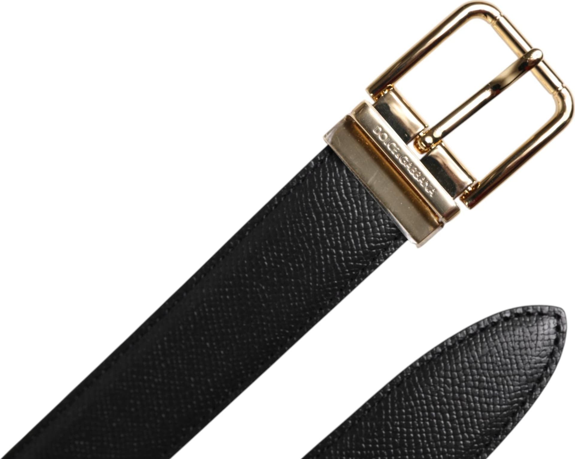Dolce & Gabbana Black Grained Leather Gold Metal Buckle Belt - 3