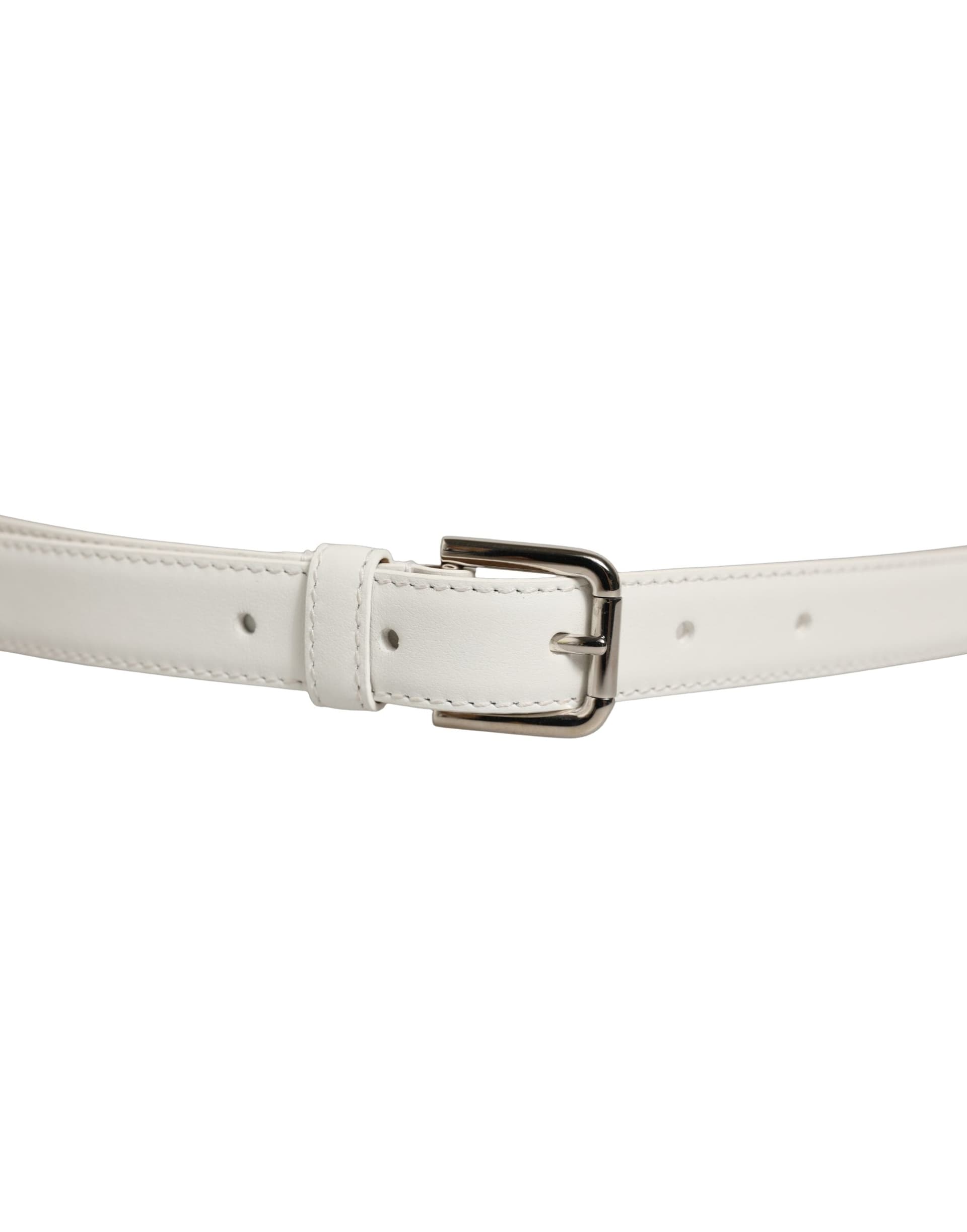 Dolce & Gabbana White Leather Silver Tone Metal Buckle Belt - 3