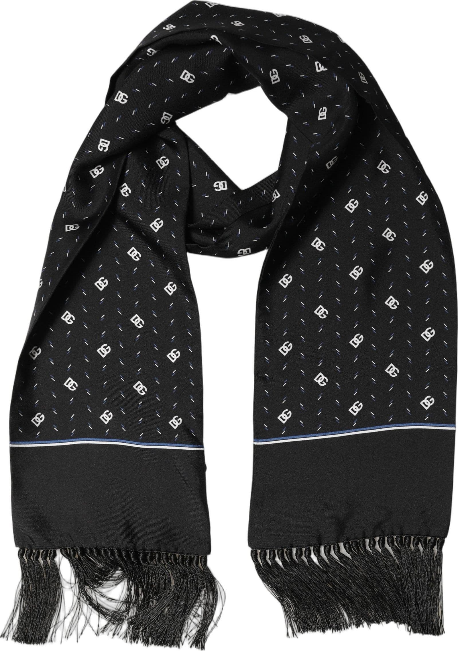 Dolce & Gabbana Black Silk DG Logo Men Fringed Shawl Scarf - 2