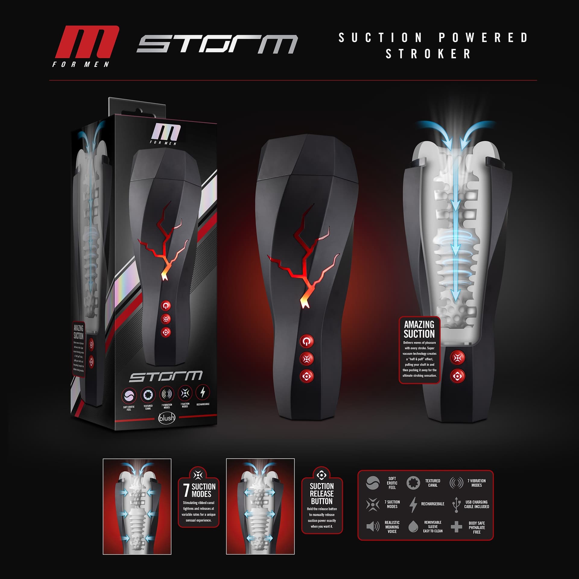 Masturbatore Storm automatico 7 x suzione Milking 7 x vibrazioni suoni gemiti cuffie - 6