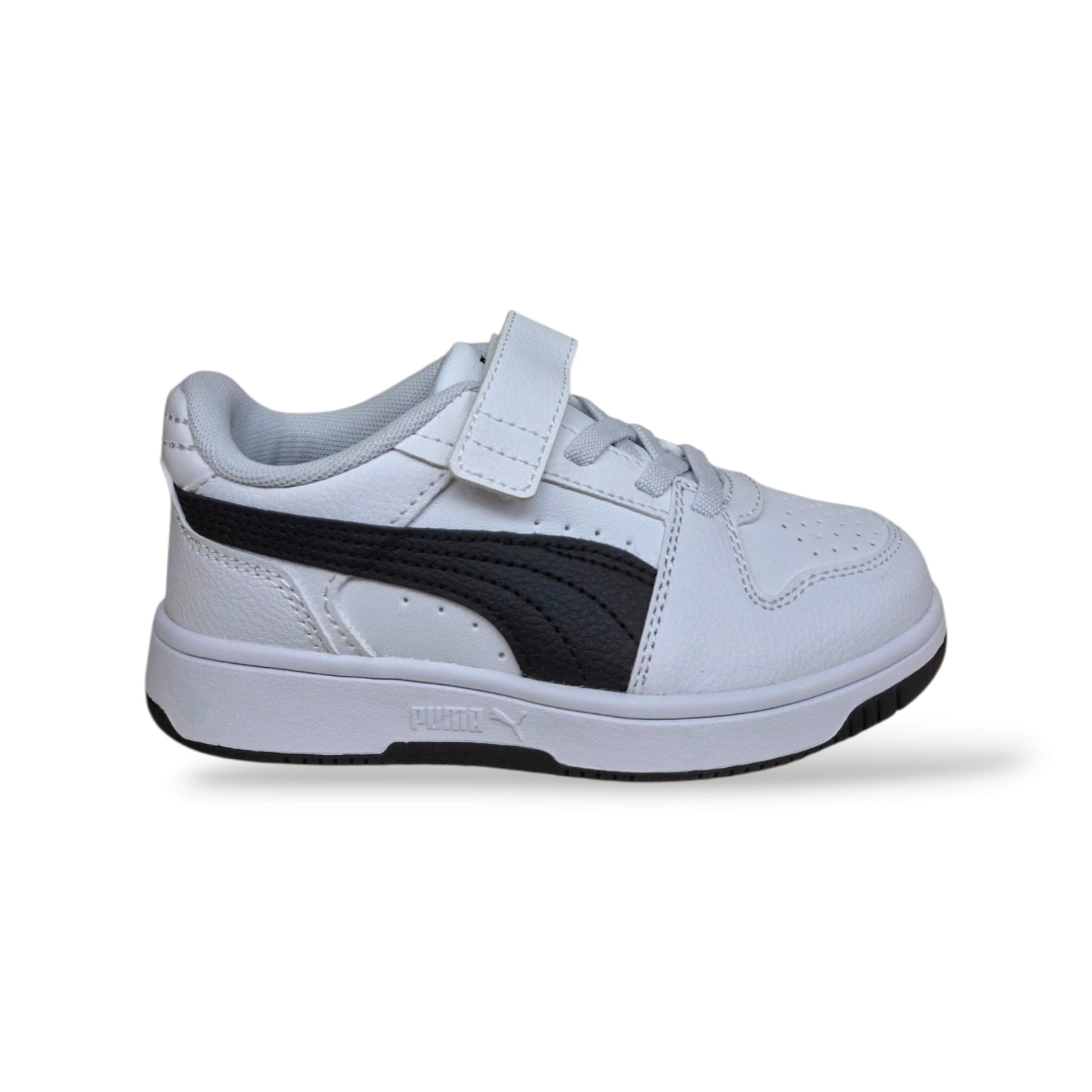 Sneakers Puma Rebound 408295-408293 bianco-nero in pelle, elastico e velcro, taglie 28-35