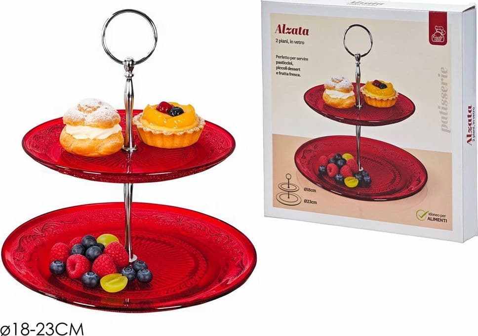 ALZATA A 2 PIANI IN VETRO ROSSO ELEGANTE DECORATIVO PER DOLCI FRUTTA DESSERT Ø23/18CM - 2