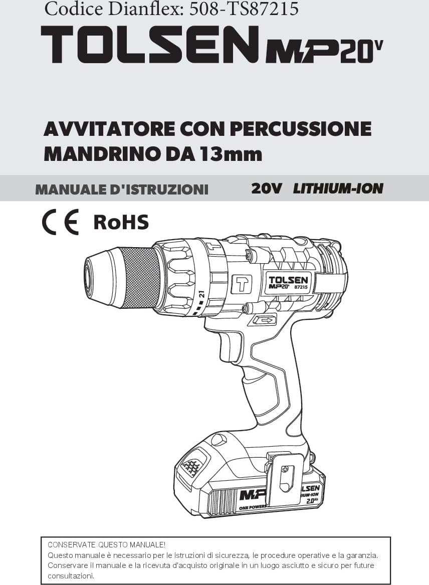 KIT AVVITATORE 20V 2 BATTERIE 2.0AH CON PERCUSSIONE MANDRINO IN FERRO- TOLSE- pezzi 1 - 2