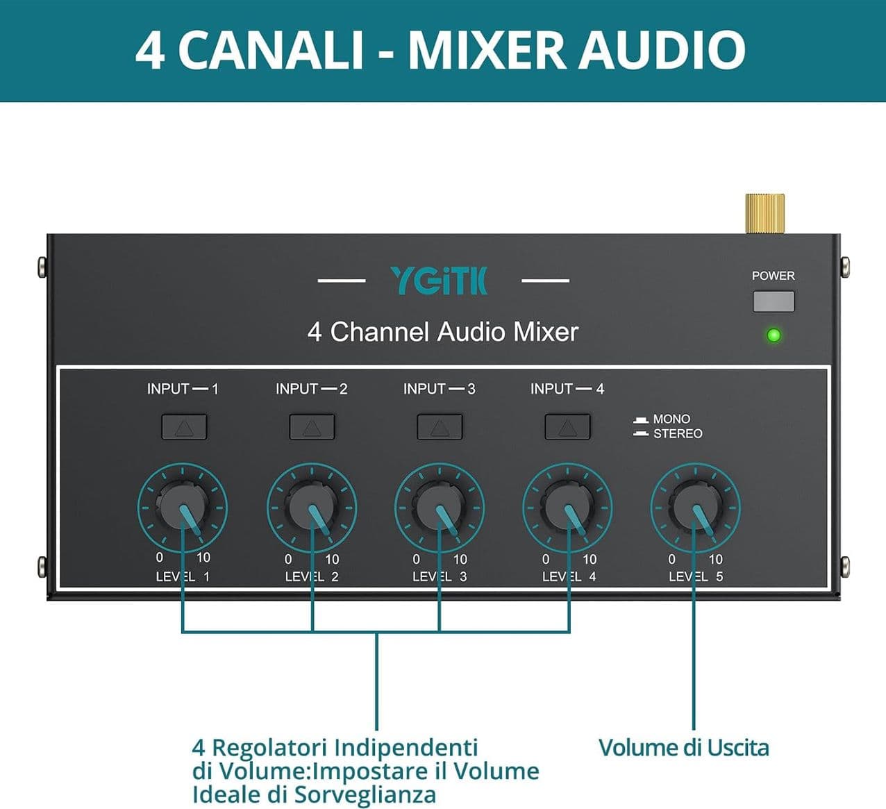 Mixer Audio 4 Canali Compatto Interfaccia Mini Jack 3.5mm e 6.35mm Regolazione Volume Indipendente Alimentazione USB-C Mini Mixer Portatile per DJ Home Studio e Live - 2