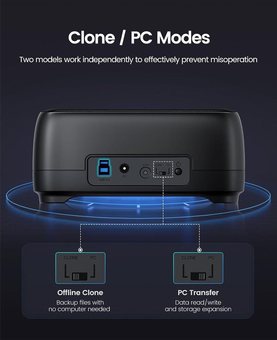 ORICO Docking Station Hard Disk USB 3.0 per HDD/SSD SATA da 2.5 e 3.5 Pollici, Dual Bay con Funzione Clonazione Offline e UASP Supporto fino a 20TB - 2