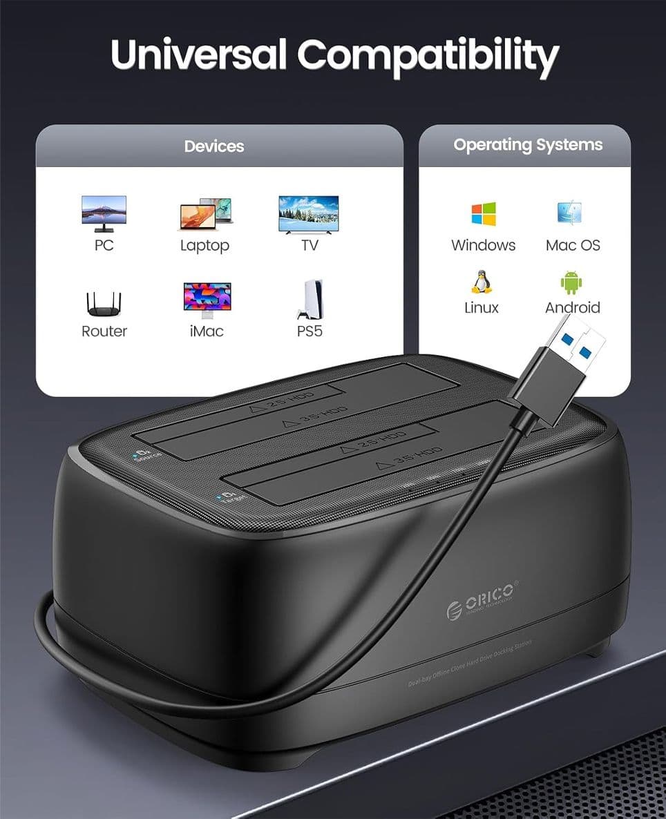 ORICO Docking Station Hard Disk USB 3.0 per HDD/SSD SATA da 2.5 e 3.5 Pollici, Dual Bay con Funzione Clonazione Offline e UASP Supporto fino a 20TB - 3
