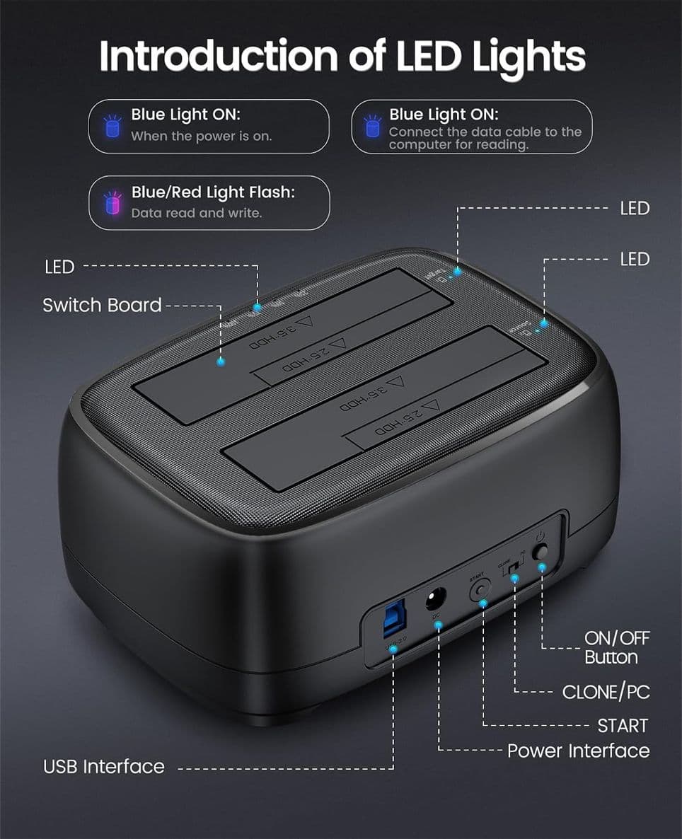 ORICO Docking Station Hard Disk USB 3.0 per HDD/SSD SATA da 2.5 e 3.5 Pollici, Dual Bay con Funzione Clonazione Offline e UASP Supporto fino a 20TB - 5