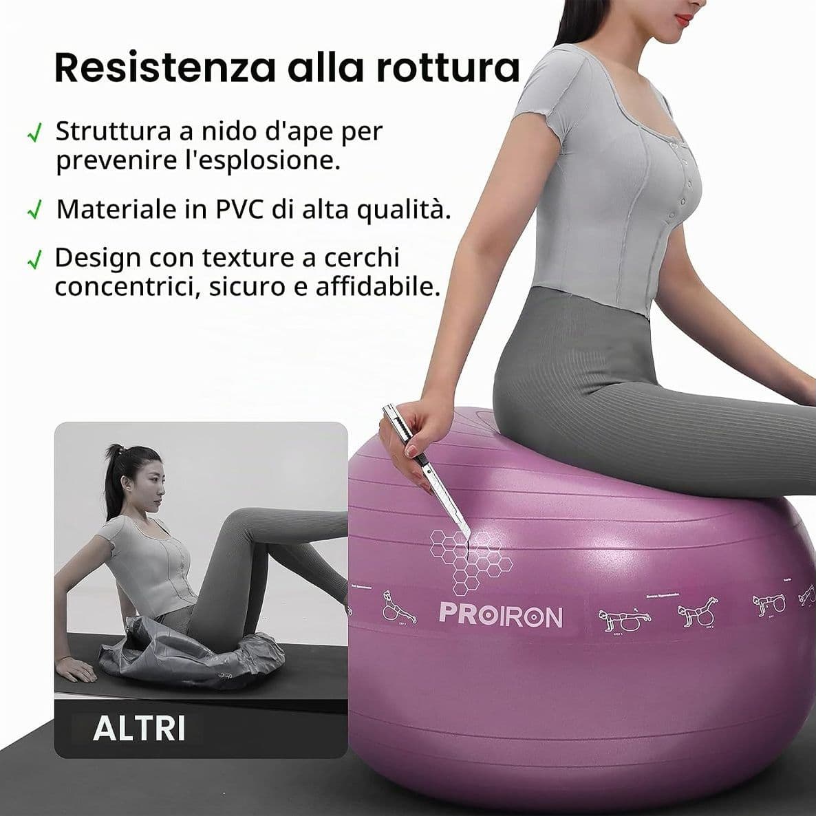 PROIRON Palla Fitness 65cm con Stampe Pose - Fitball Antiscoppio con Pompa Inclusa per Pilates Yoga Ginnastica Posturale e Allenamento Casa - 4