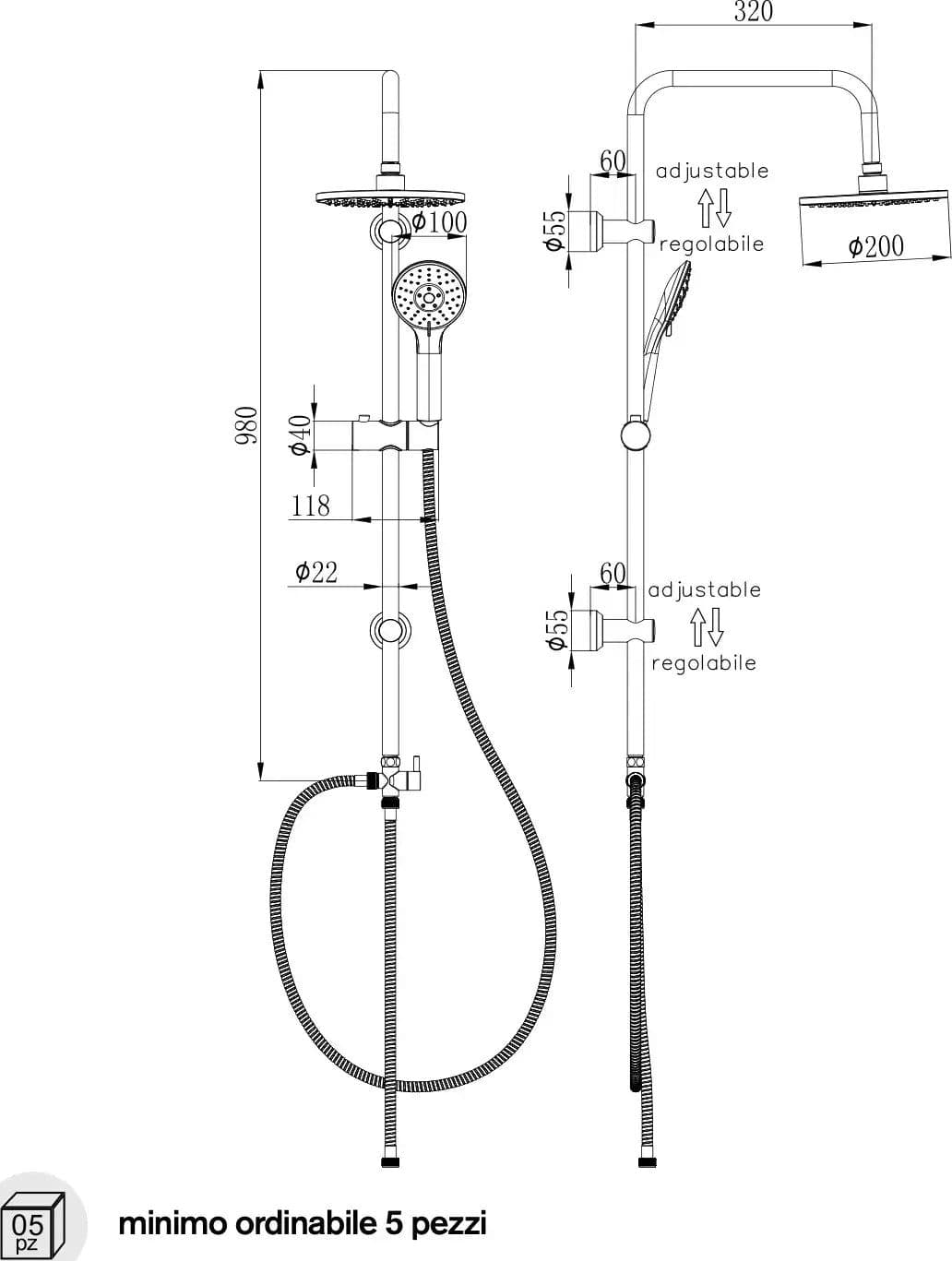 Colonna Doccia Con Deviatore Soffione Inox Ø20 e Braccio 32 cm – Cuba - 2