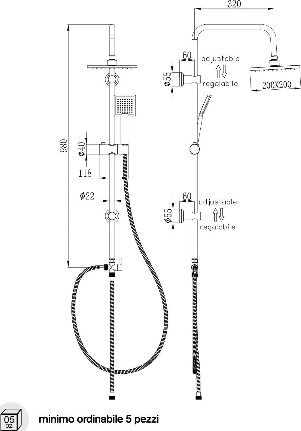 Colonna Doccia Con Deviatore e Soffione Inox Quadrato 20x20 – Vittoria - 2