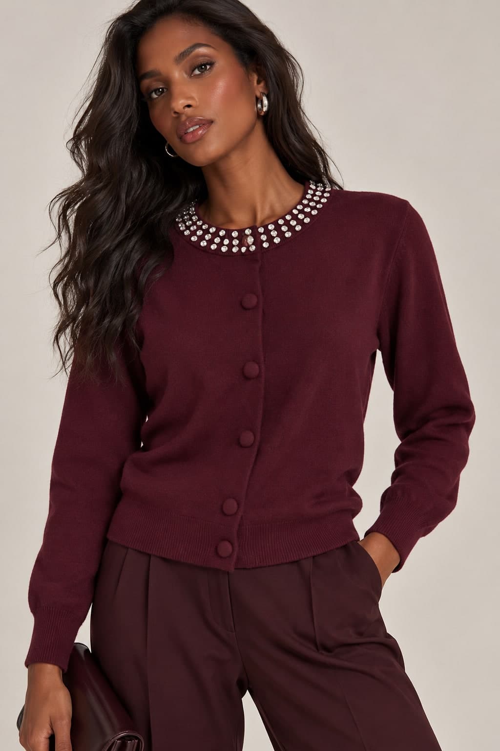 Maglione cardigan con pietre sul collo - 2