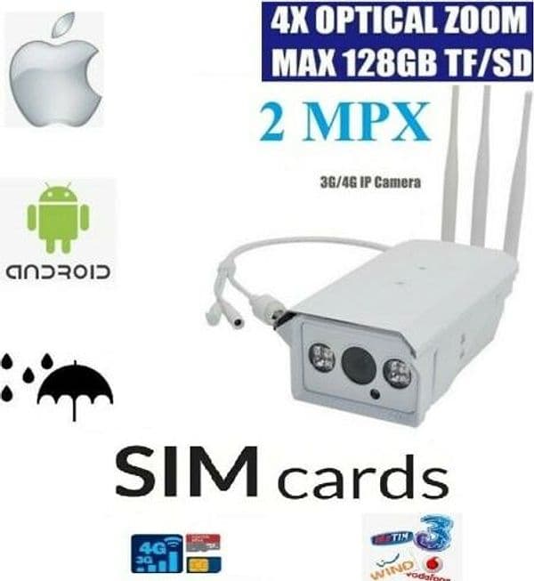 TELECAMERA IP 4G 3G GSM WIRELESS CAM 2 MPX SIM WIFI CLOUD SD ONVIF ZOOM CAMERA