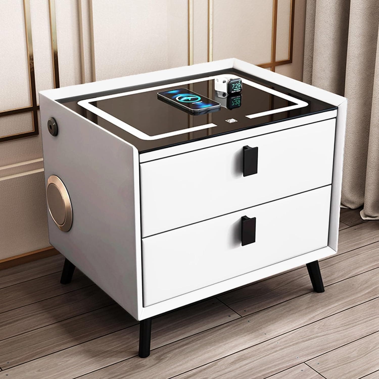 Comodino Intelligente con Ricarica Wireless e USB, Altoparlante Bluetooth, Comodino LED Multifunzionale con 3 Colori Oscurabili per Camera da Letto Bianco - 3