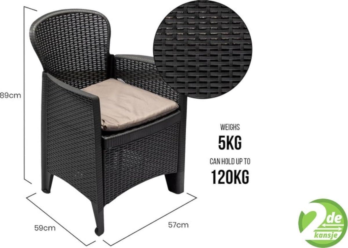 Salotto da Giardino Akita 3pz Antracite con Cuscini Antracite 1 Tavolo + 2 Poltrone - 3
