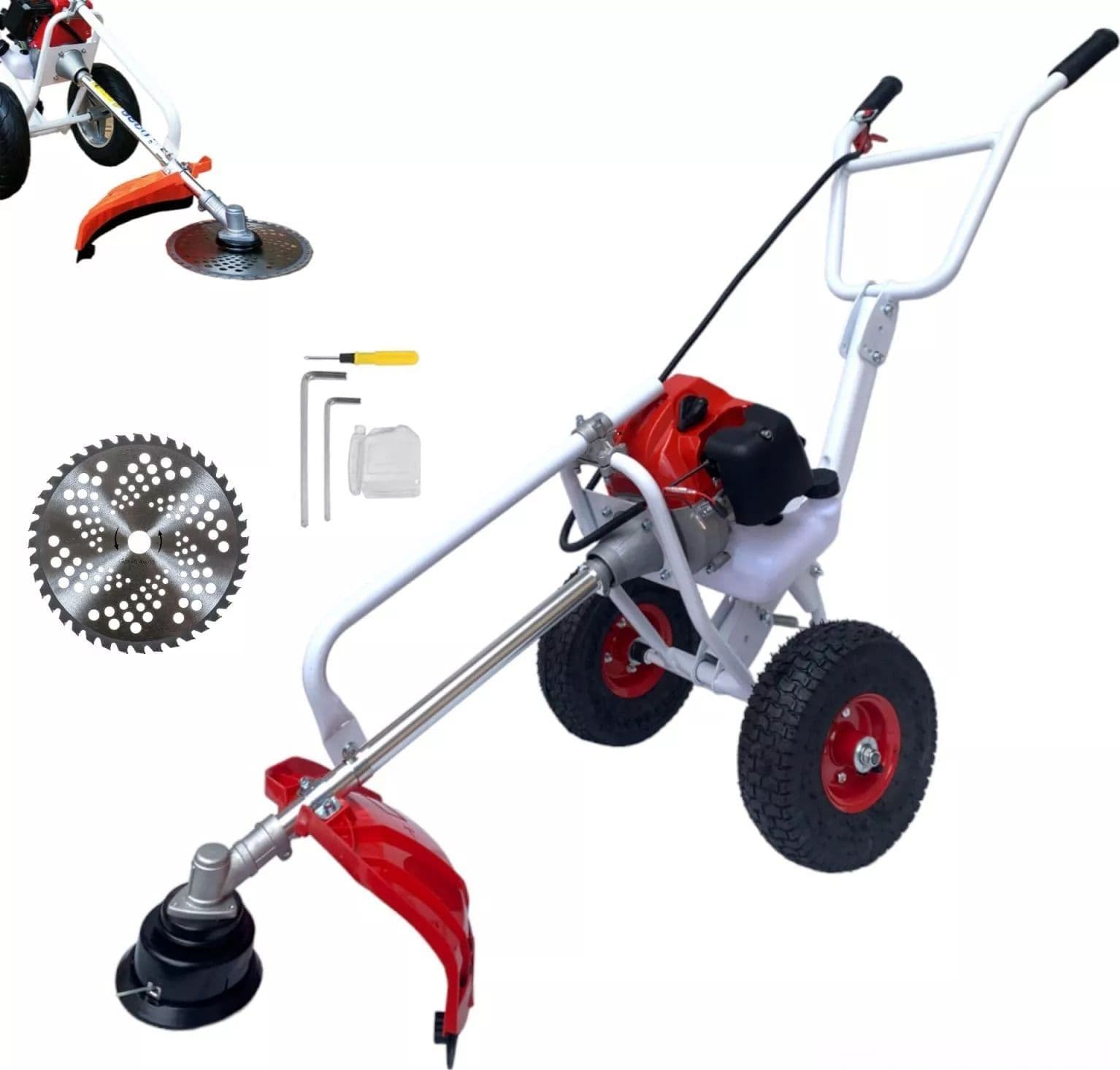 Decespugliatore a Scoppio 63CC 2HP 2 Tempi con Ruote a Carrozzella Carrellato