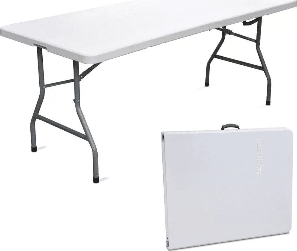 Tavolo Pieghevole Richiudibile a Valigetta in Resina 181x74x74 cm adatto per Campeggio, Eventi, Giardino, Feste, Sagre, Mare Rettangolare Metallo Bianco