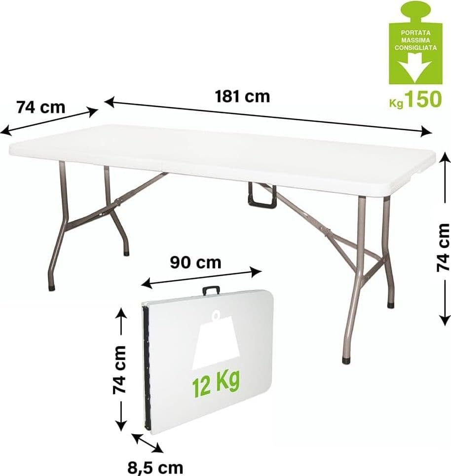 Tavolo Pieghevole Richiudibile a Valigetta in Resina 181x74x74 cm adatto per Campeggio, Eventi, Giardino, Feste, Sagre, Mare Rettangolare Metallo Bianco - 4
